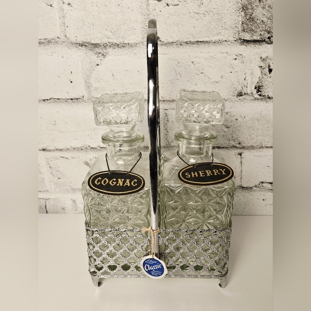 A Mayell Vintage Cognac Sherry Glass Decanter Set Chrome Caddy MCM Barware